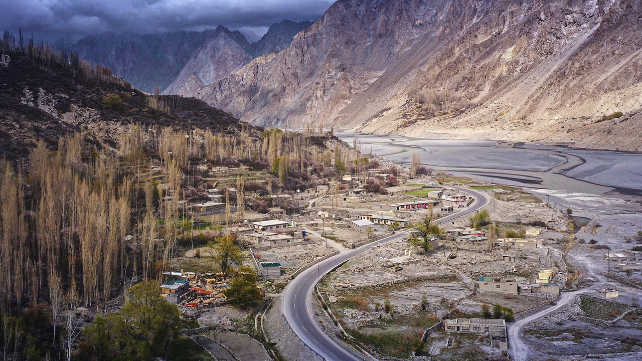 trees, mountains, road, hunza, wildlife, nature, pakistan, landscape