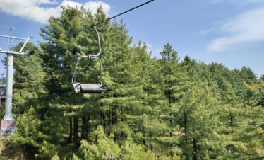 A scenic view of a chairlift over an evergreen forest in Murree, Pakistan on a sunny day.