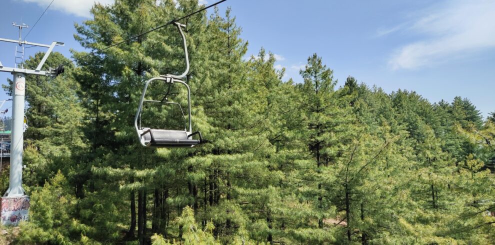 A scenic view of a chairlift over an evergreen forest in Murree, Pakistan on a sunny day.