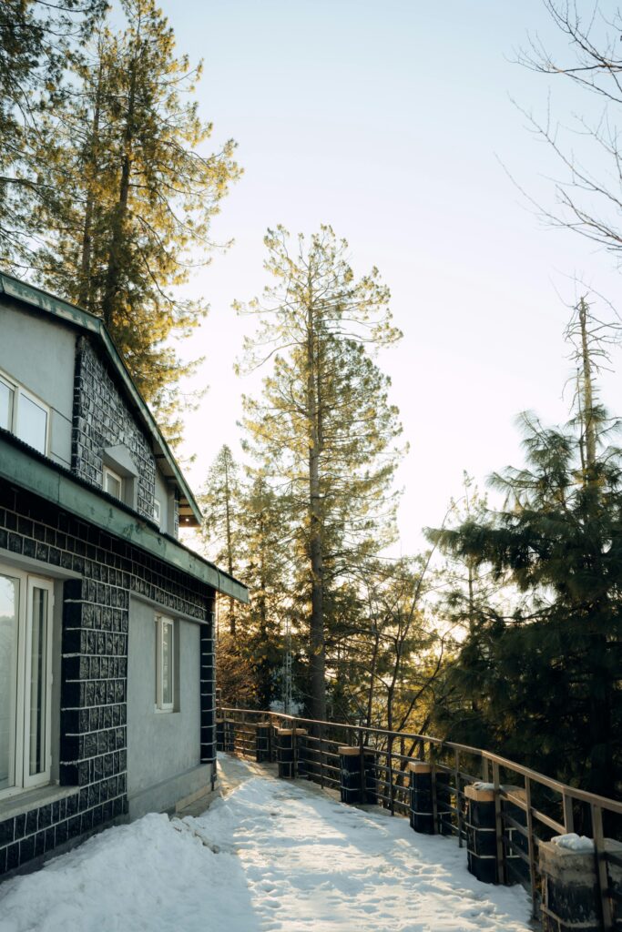 Peaceful winter scene of snowy trees and house in Nathia Gali, Pakistan.