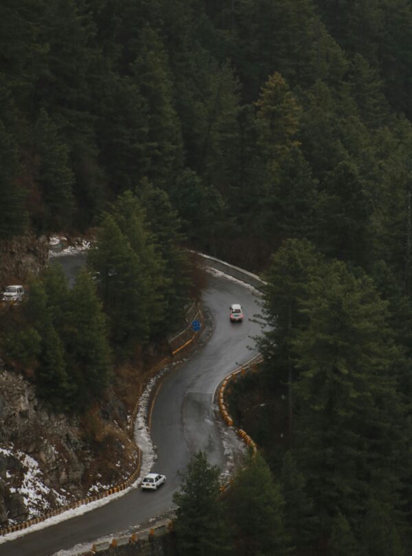A high-angle view of a winding road through a lush forest in Changla Gali, Pakistan.